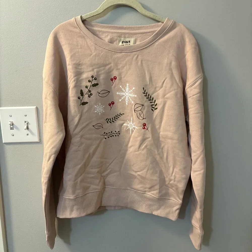 NEW Pact 100% Organic Cotton Pink Winter Sprigs Slouchy Women's Sweatshirt S